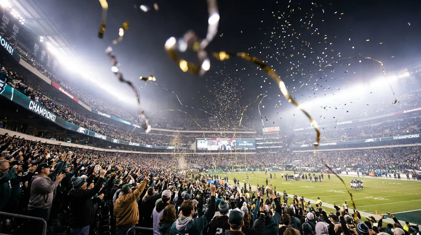 Estadio del Super Bowl con aficionados y confeti celebrando el campeonato NFL